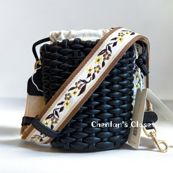 Tory Burch Emerson Woven Mini Bucket Bag Black With Gold Hardware - Picture 1 of 13